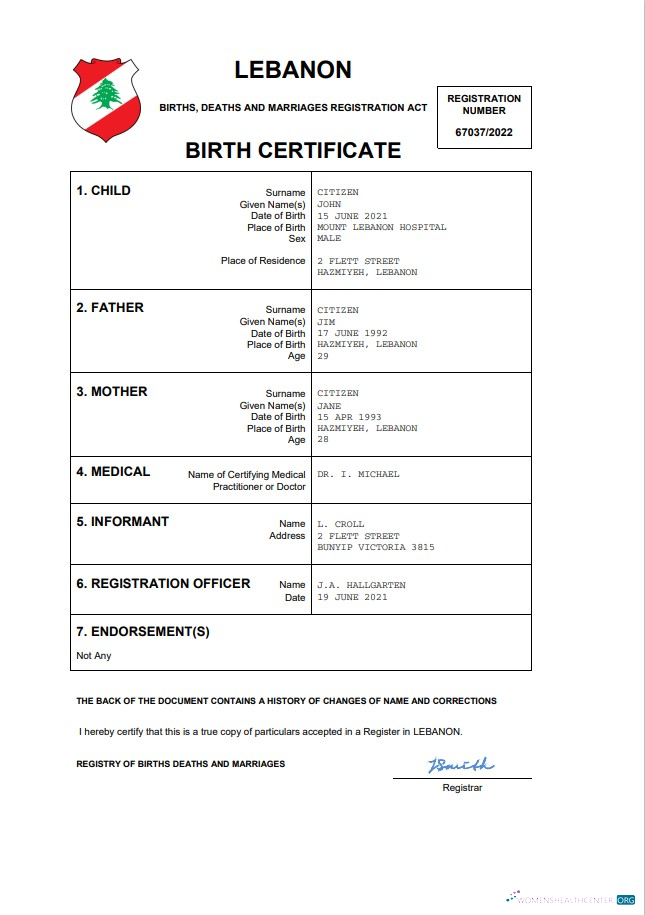 Download Lebanon vital record birth certificate Word and PDF template Photoshop template